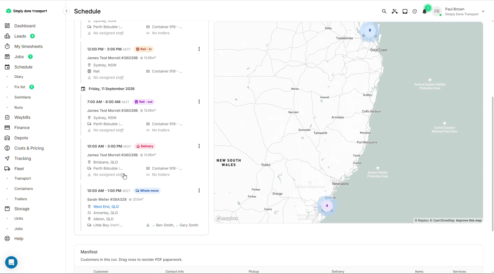 Run sheet listing every task in date order beside the map, with the manifest below
