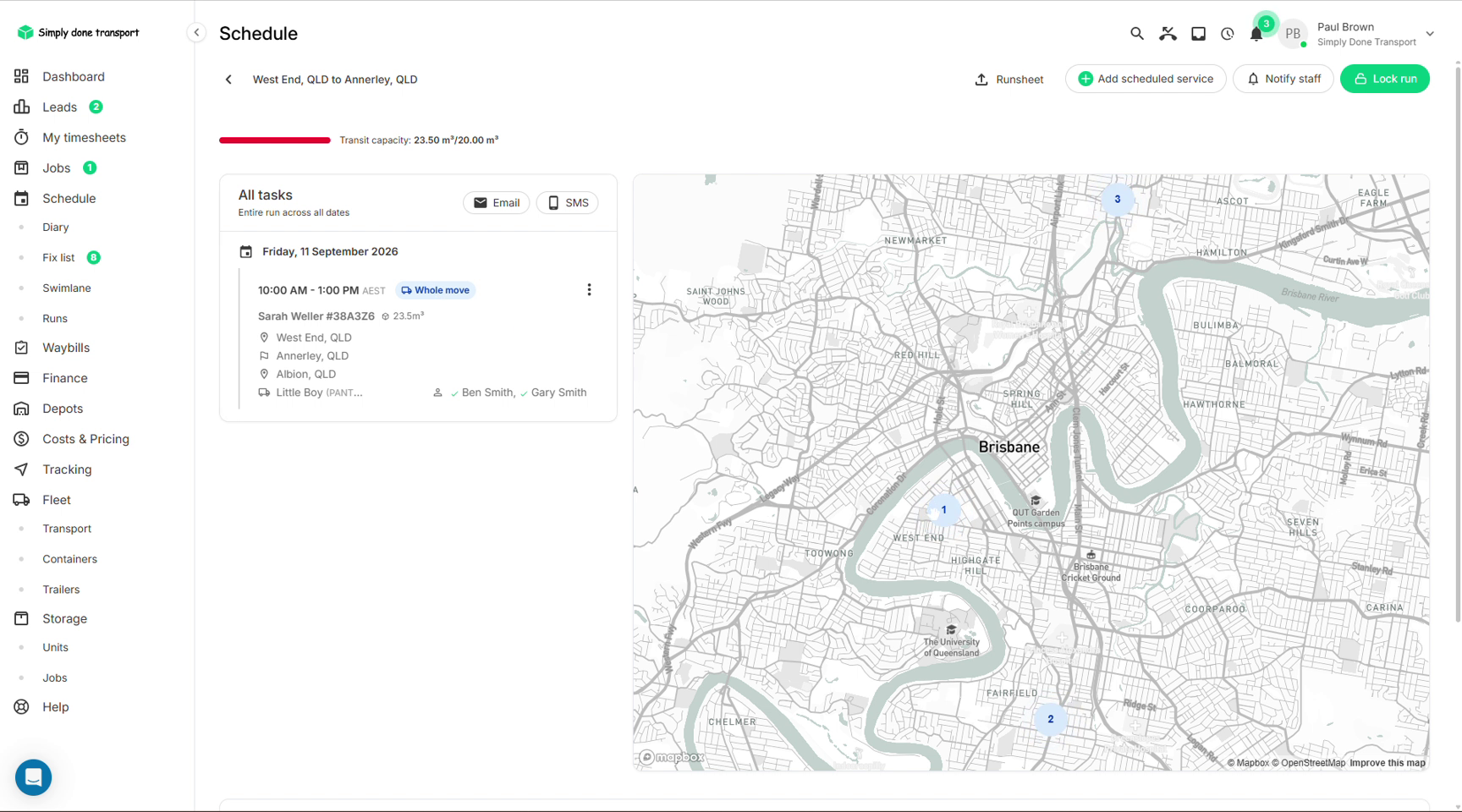 Run view with task cards, capacity bar and a route map with numbered stops