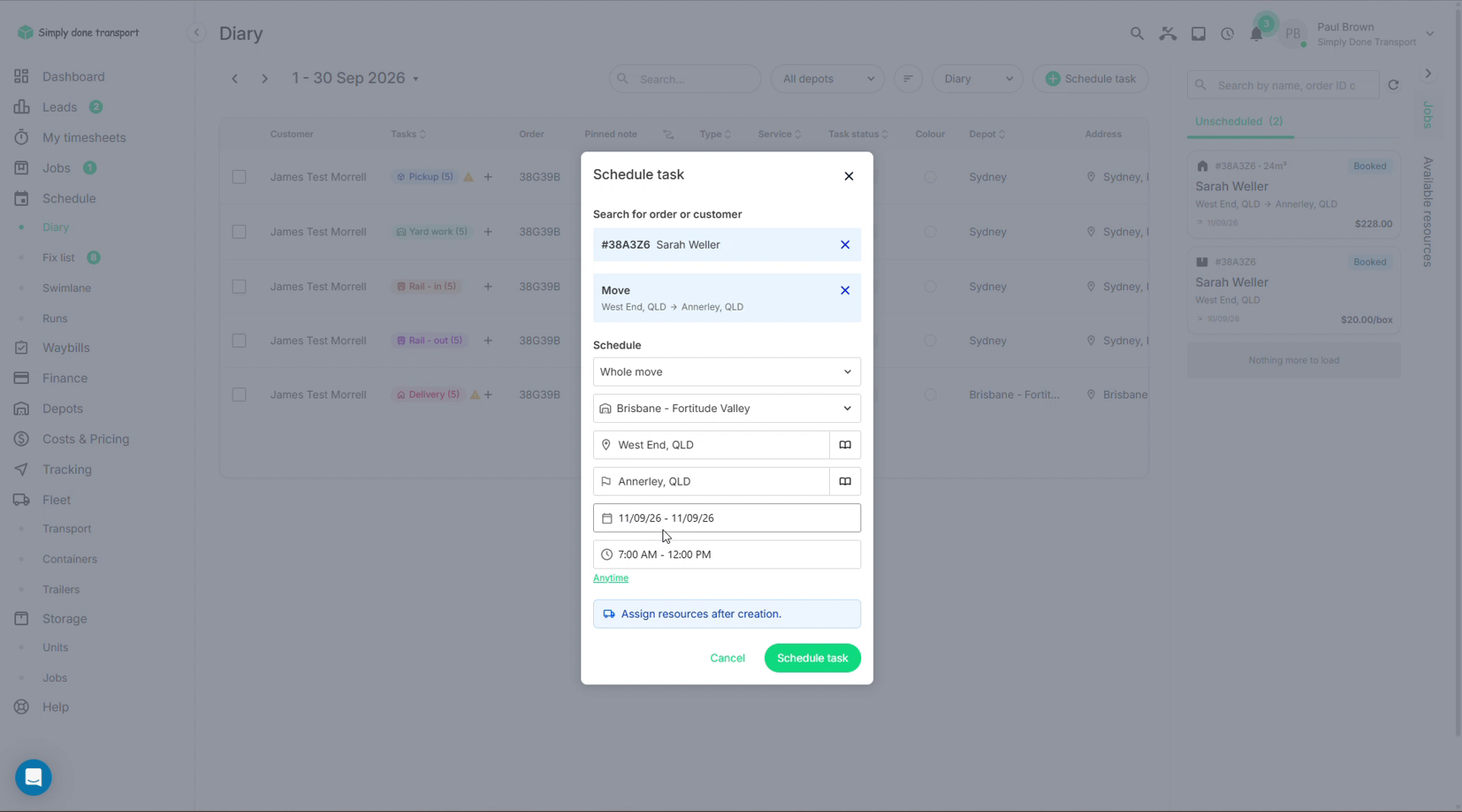 Schedule task dialog with schedule type, depot, addresses, date and time window