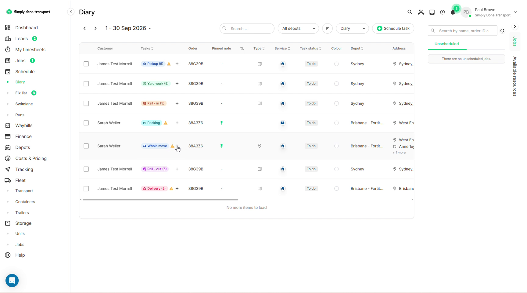 Diary rows with the plus icon for adding another task to a service