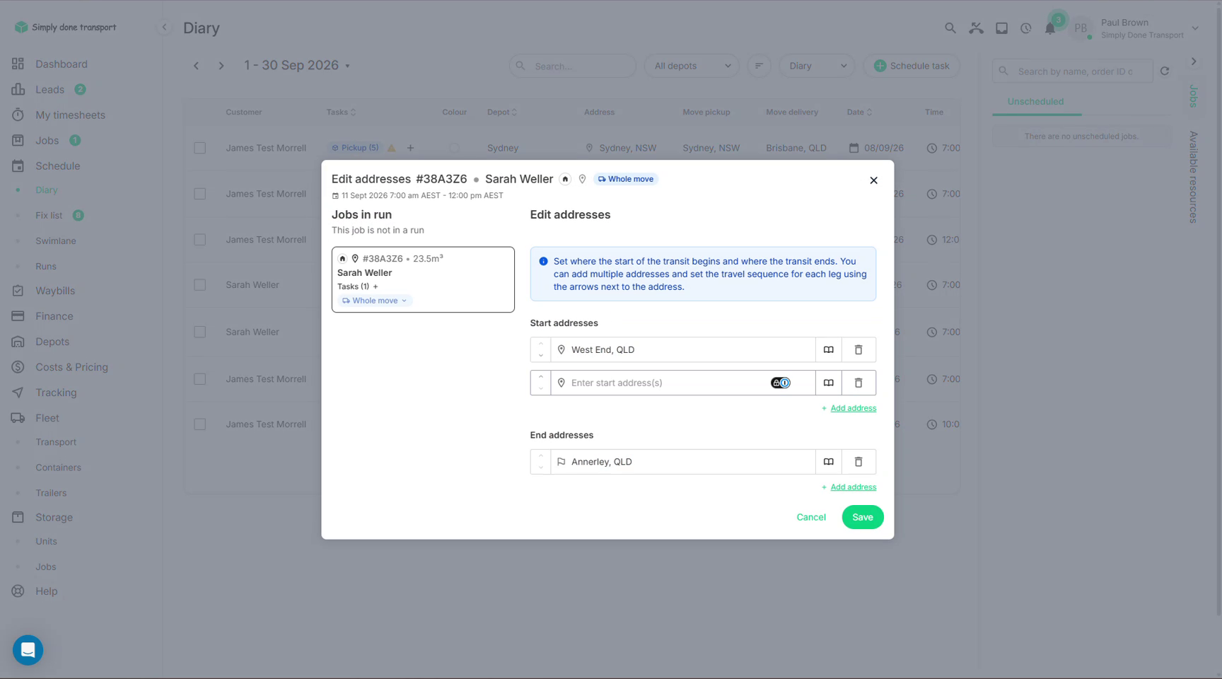 Edit addresses dialog with start and end address lists and Add address links
