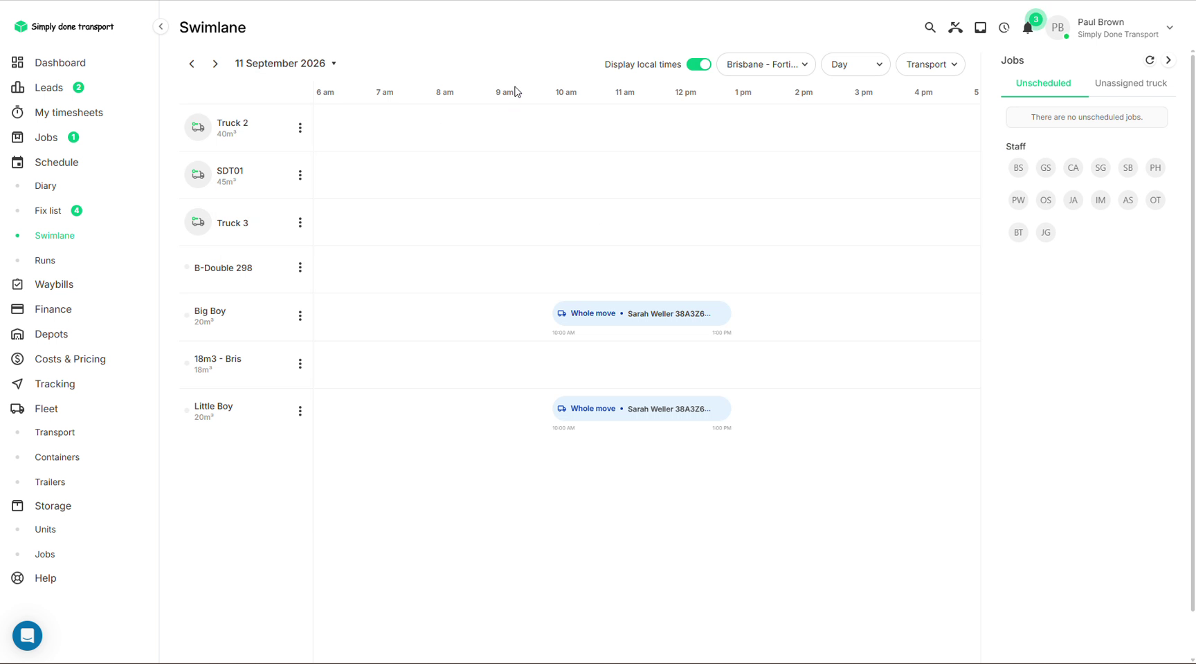 Swimlane view with a lane per truck and task blocks across the day