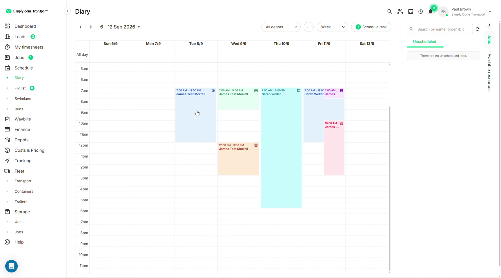 Week calendar view with colour-coded task blocks