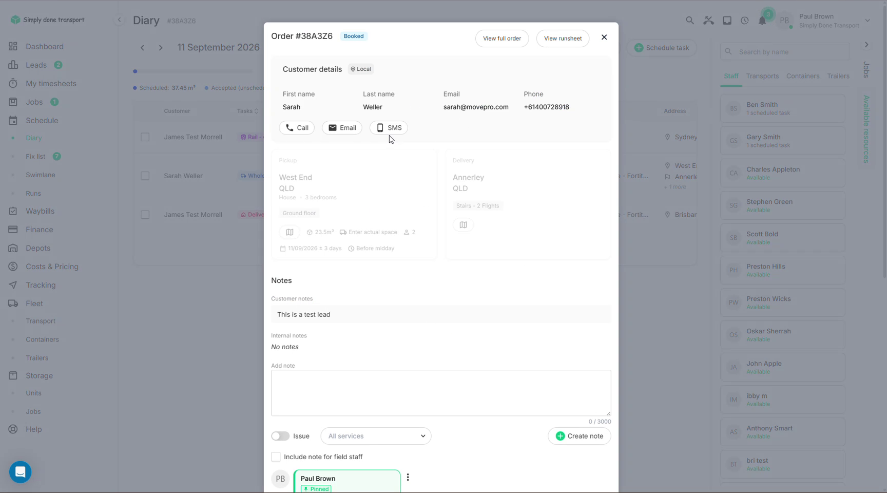 Task panel with customer details, addresses, notes and a pinned note