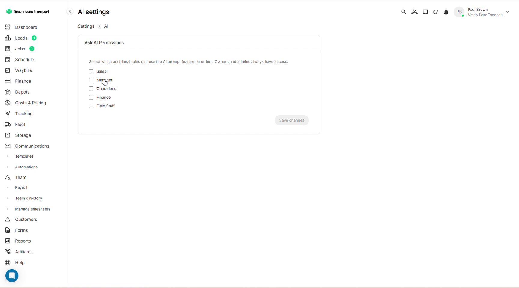 AI permissions with role checkboxes