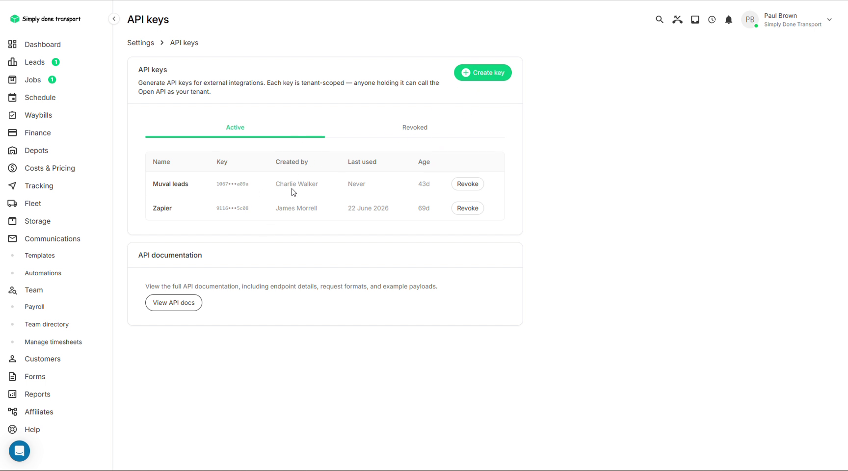 API keys list with create and revoke controls