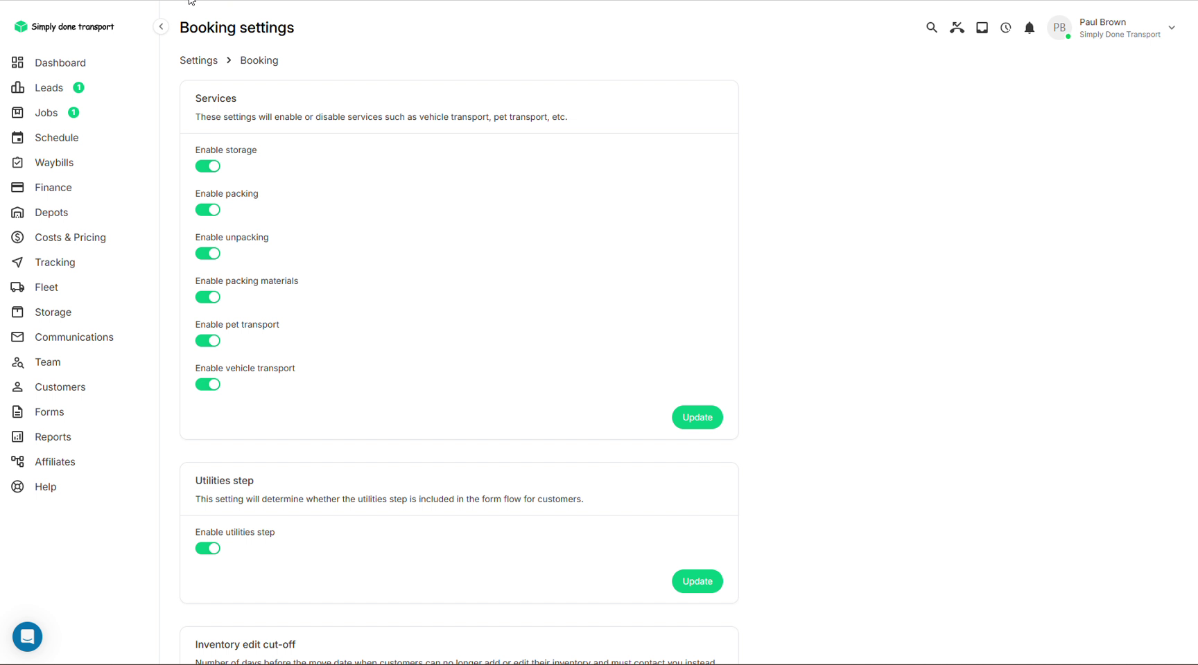 Booking settings with service toggles and the utilities step toggle