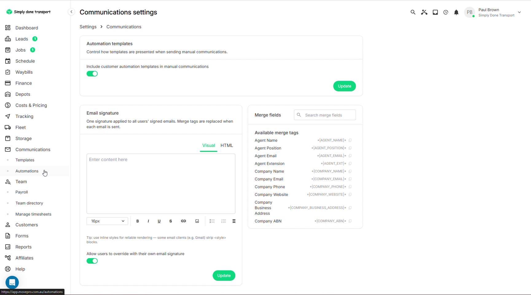 Communications settings with email signature editor and merge tags