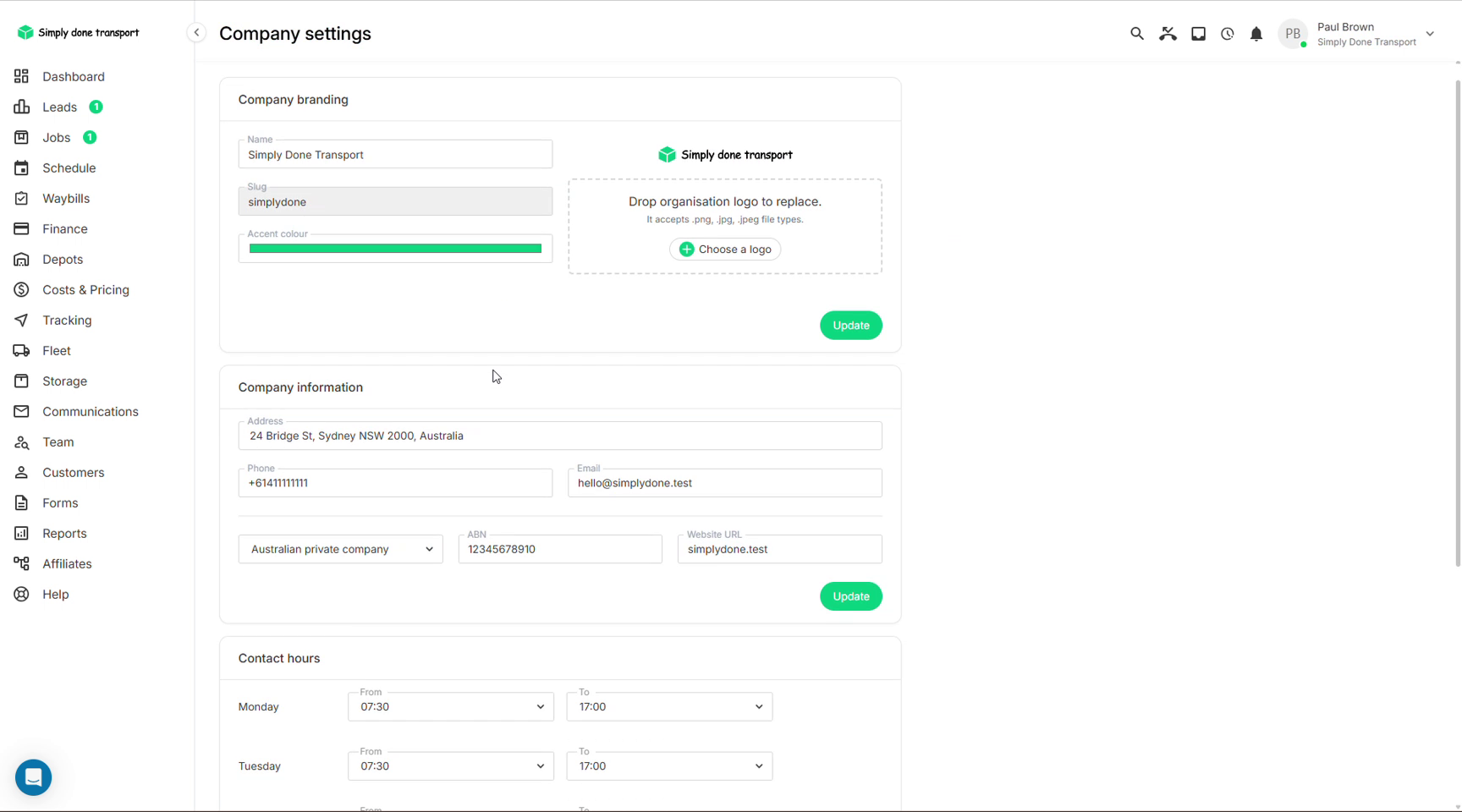 Company settings with branding, company information and contact hours