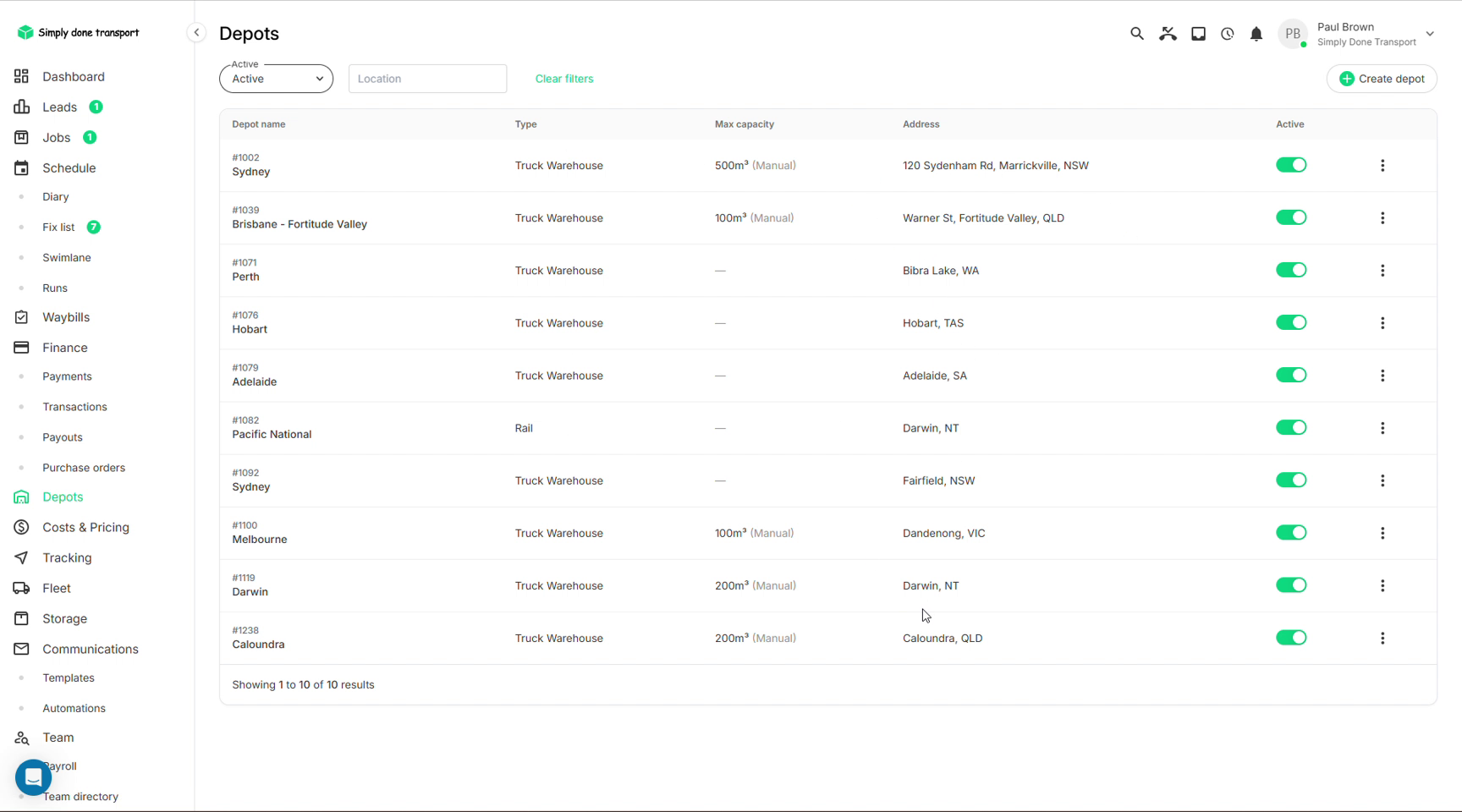 Depots list with types, capacities and addresses