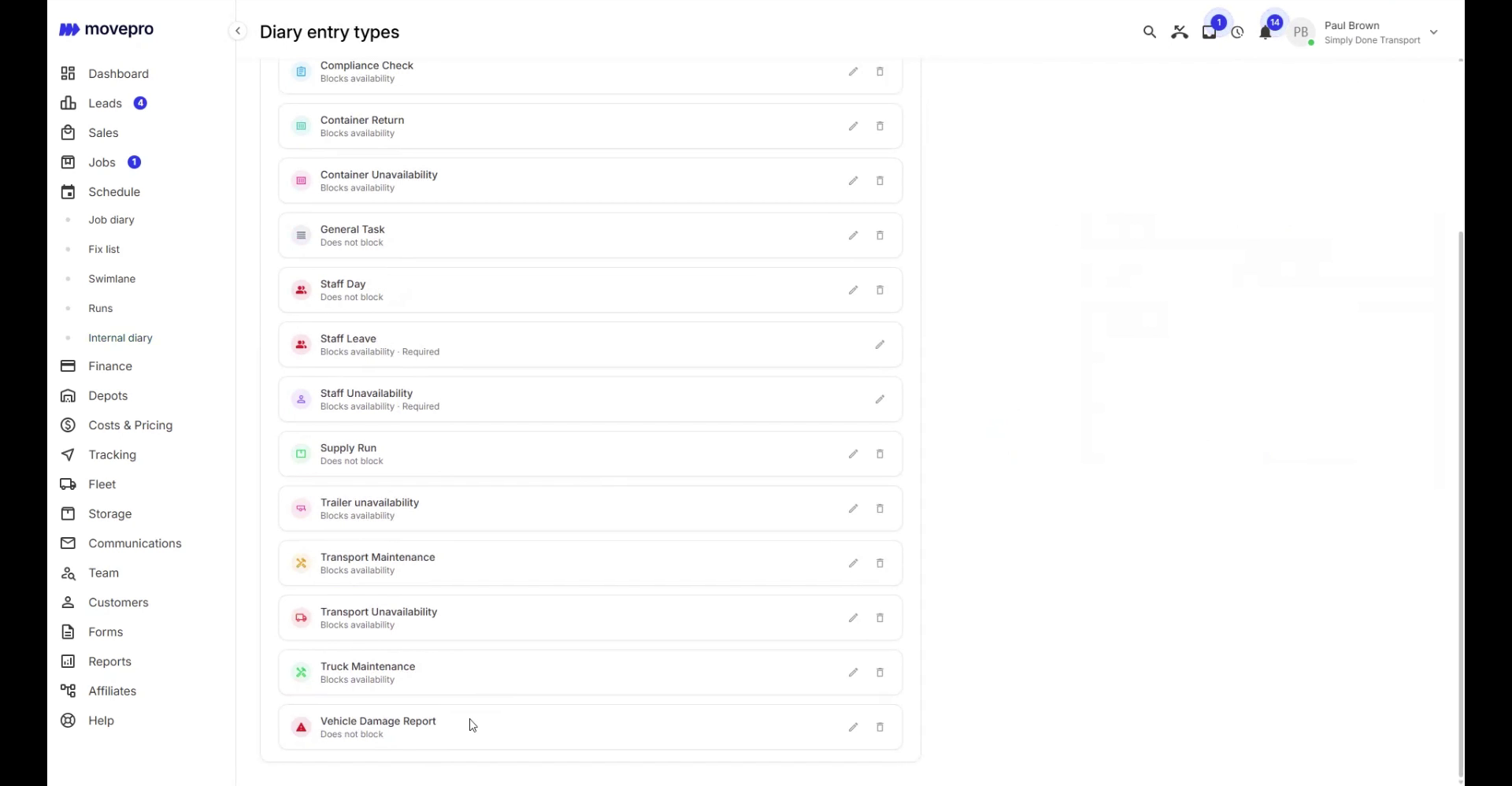 Diary entry types list showing which types block availability and which are required