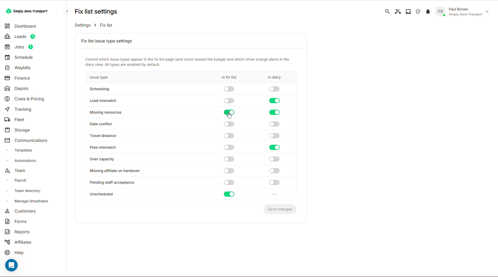 Fix list issue types with in-fix-list and in-diary toggles