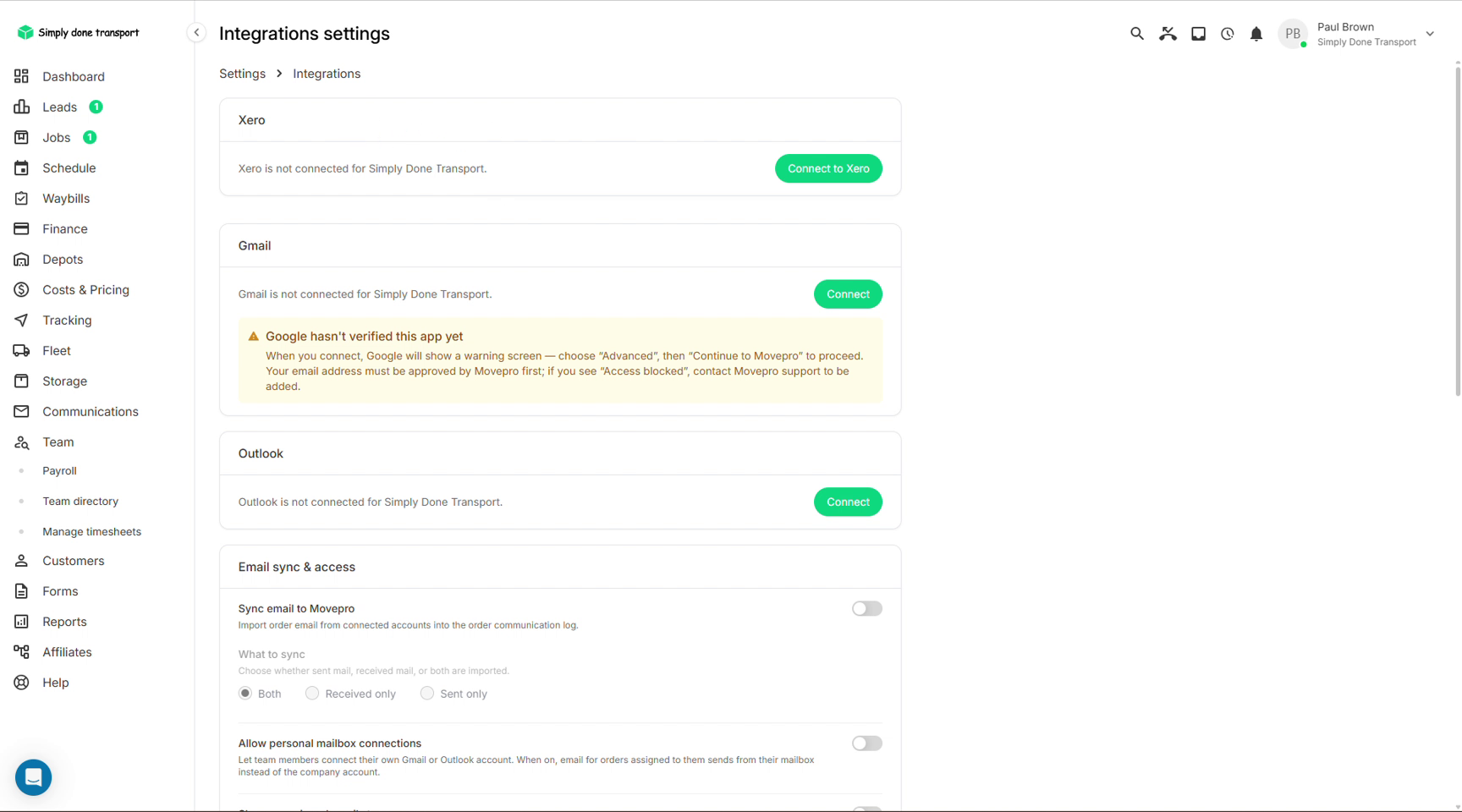 Integrations settings with Xero, Gmail, Outlook and email sync options