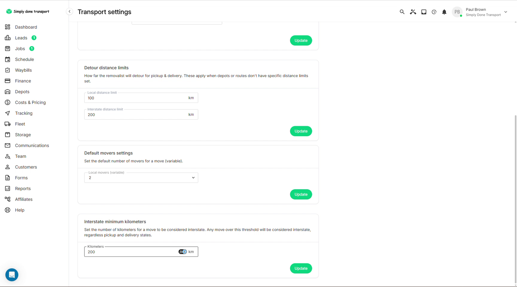Transport settings with detour limits, default movers and interstate minimum kilometres
