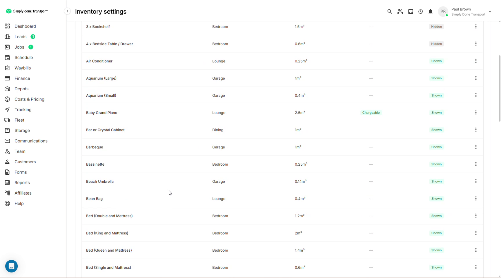 Inventory settings item catalogue with volumes, shown/hidden status and chargeable flags