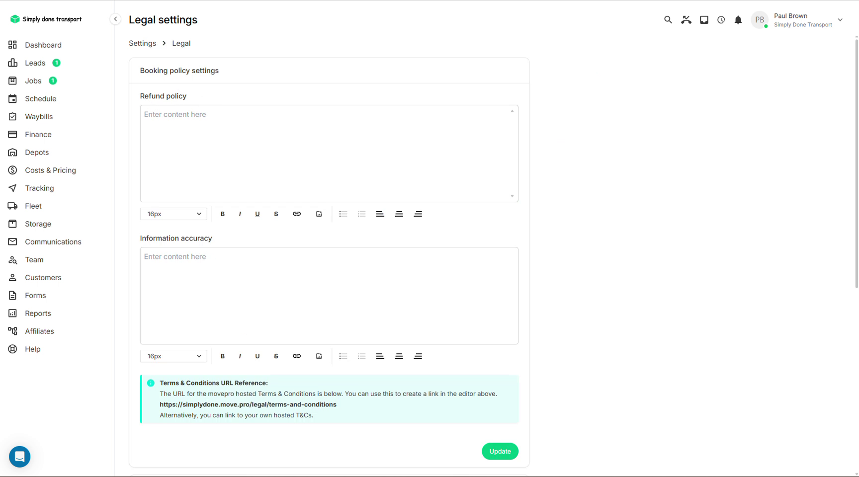 Legal settings with refund policy and information accuracy editors