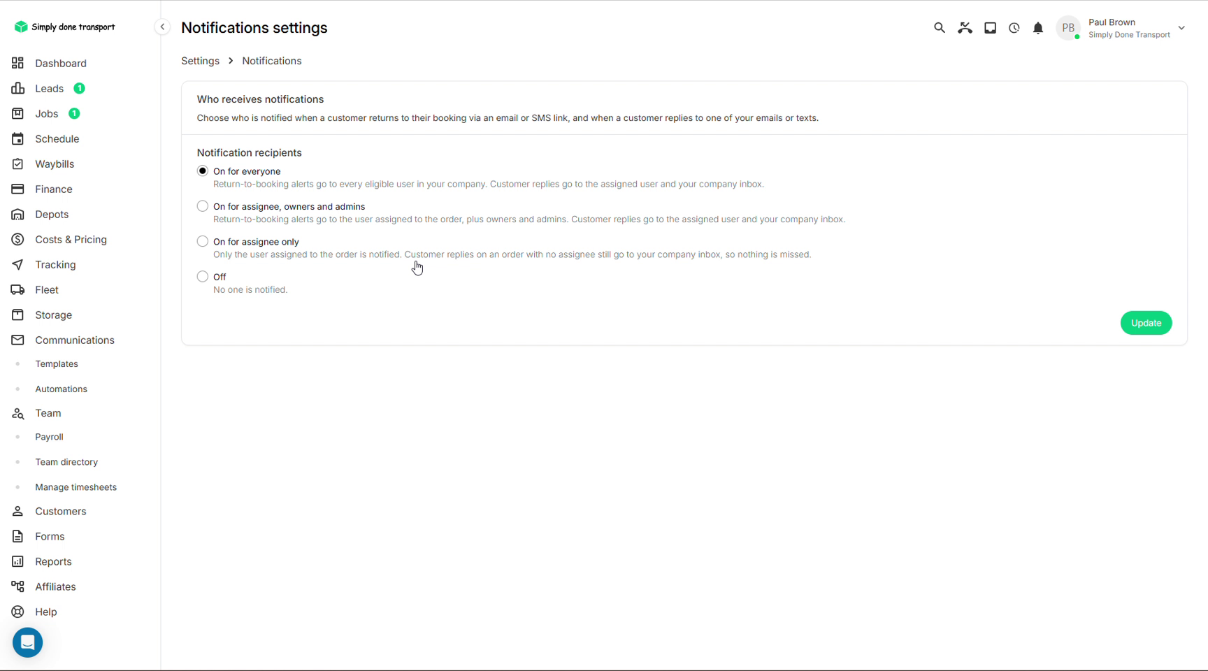 Notification recipients options from everyone to off