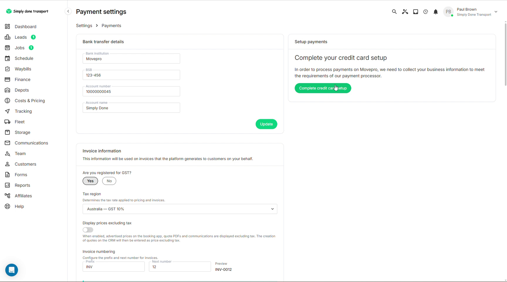 Payment settings with bank details, credit card setup and invoice information