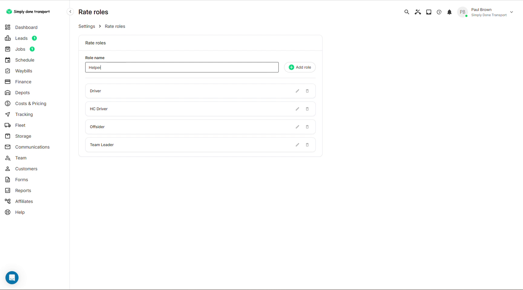 Rate roles list with driver, HC driver, offsider and team leader