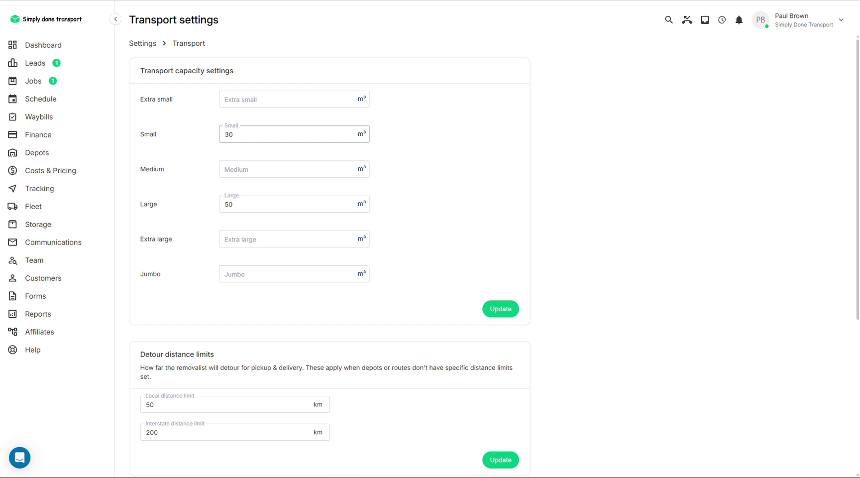 Transport capacity settings with truck size categories and detour limits