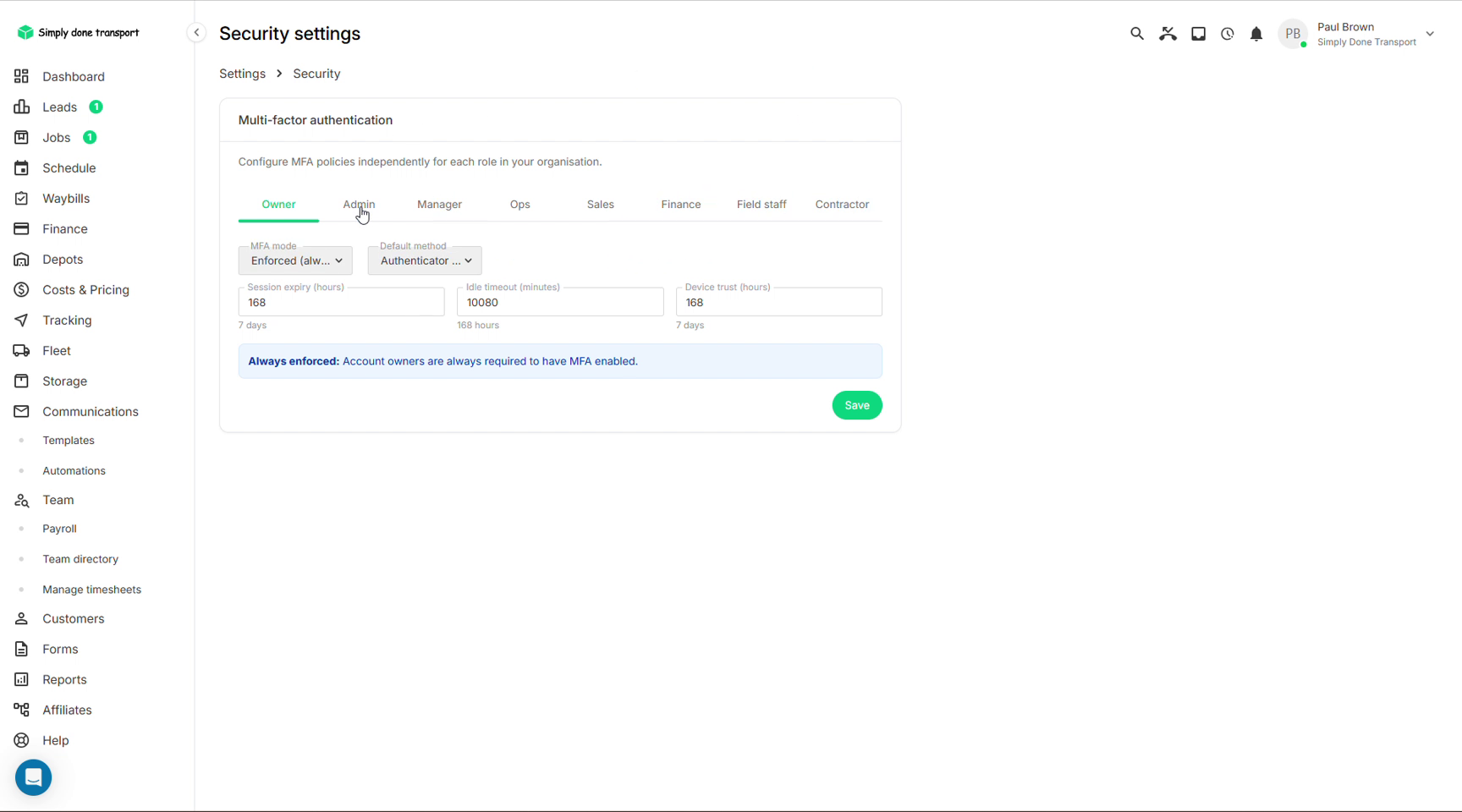 Multi-factor authentication policies per role