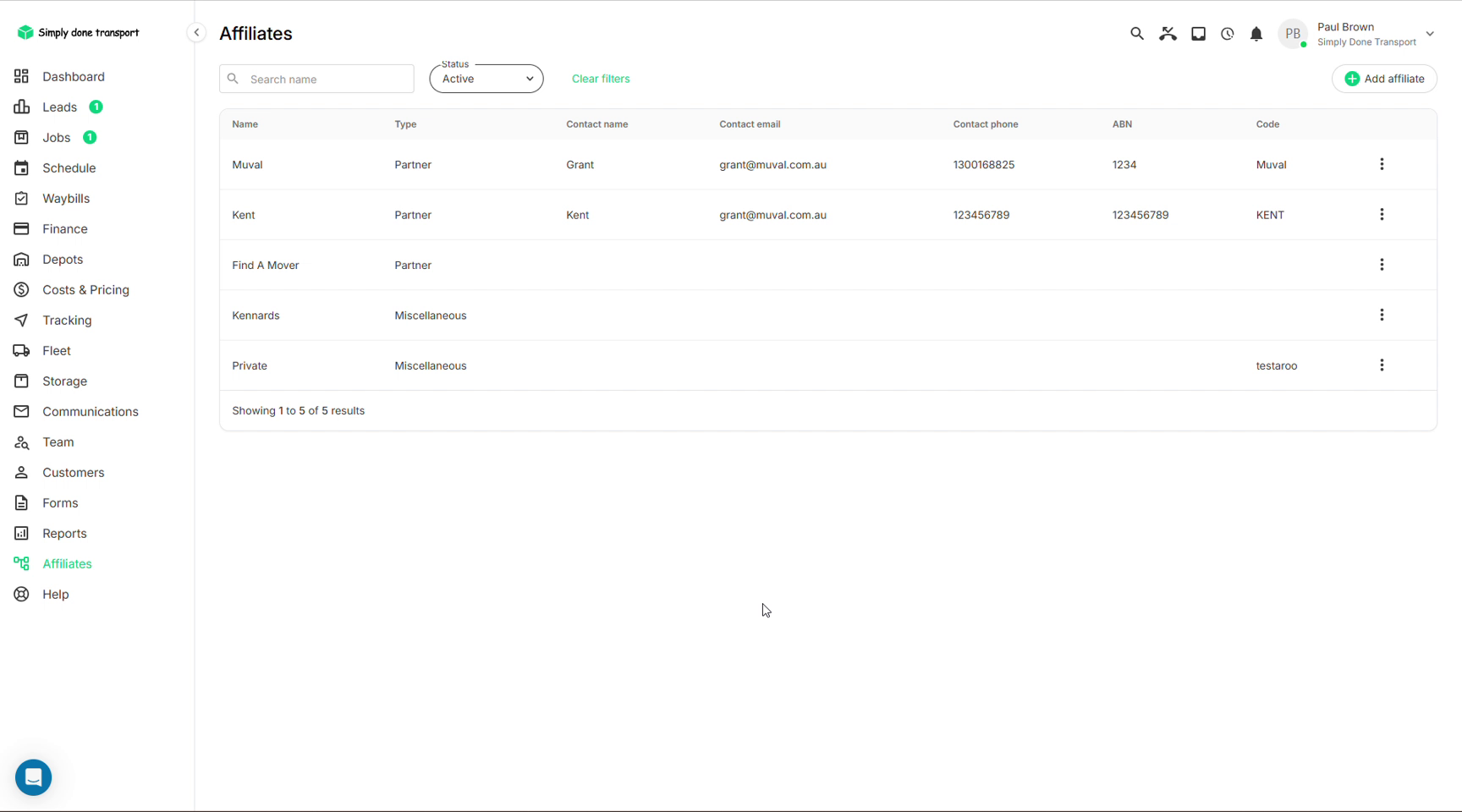 Affiliates list with type, contact details, ABN and code columns