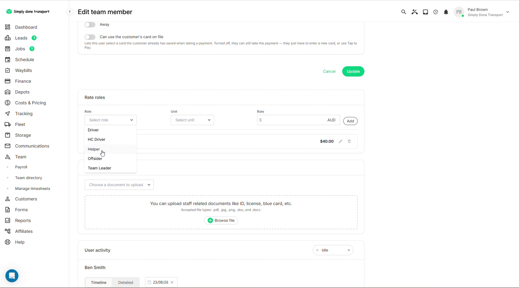 Team member profile with rate roles per role, document uploads and card-on-file permission