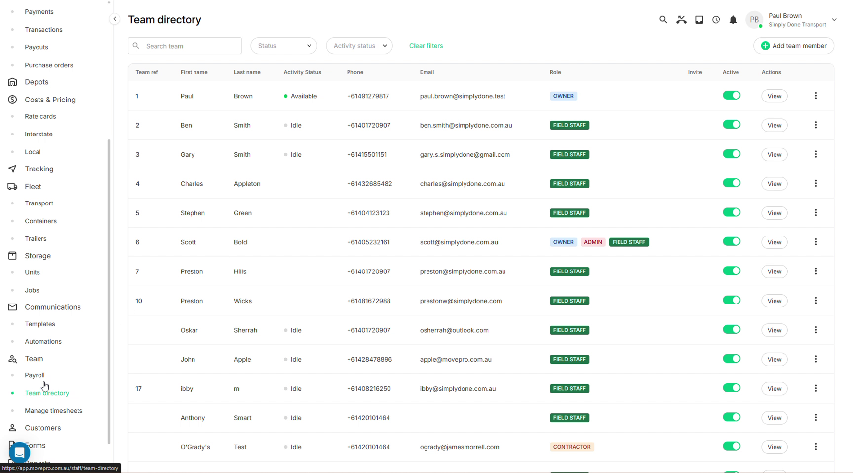 Team directory with role badges and active toggles