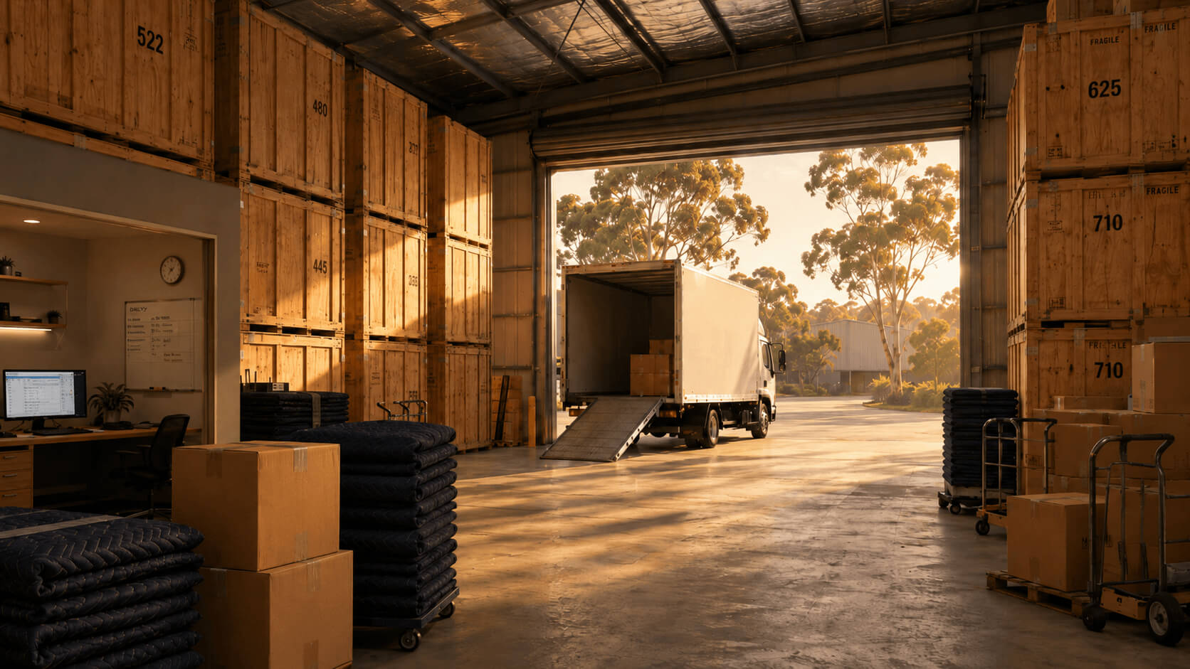 Warehouse with home-packs and a moving truck