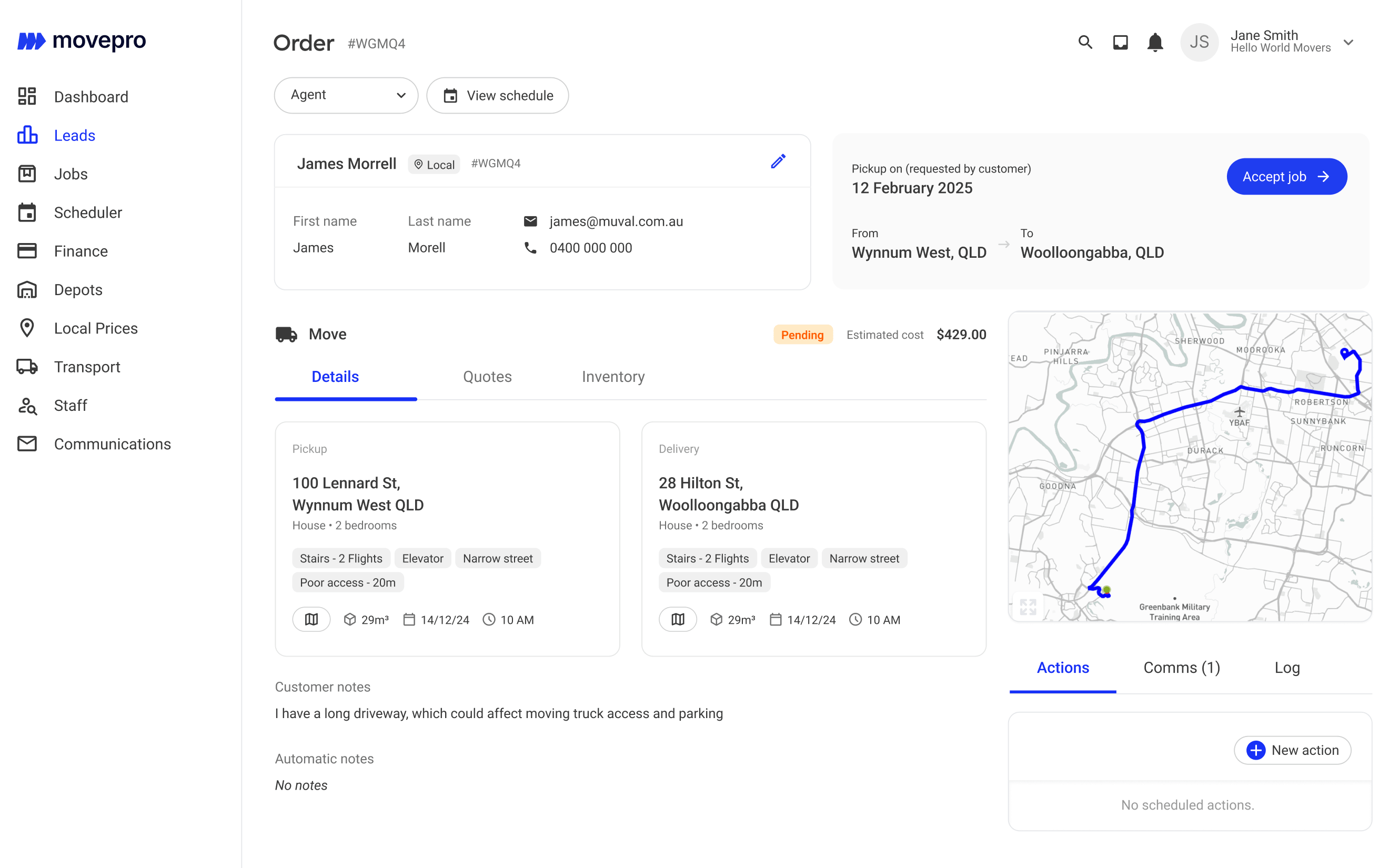 Movepro moving software dashboard showing sales pipeline and job management